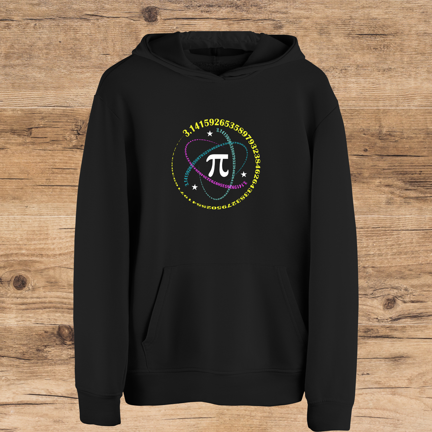 Black hoodie with a colorful Pi symbol design on a wooden surface