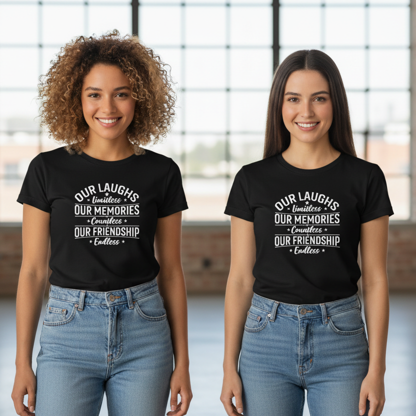 Black t-shirt with white text on a wooden surface