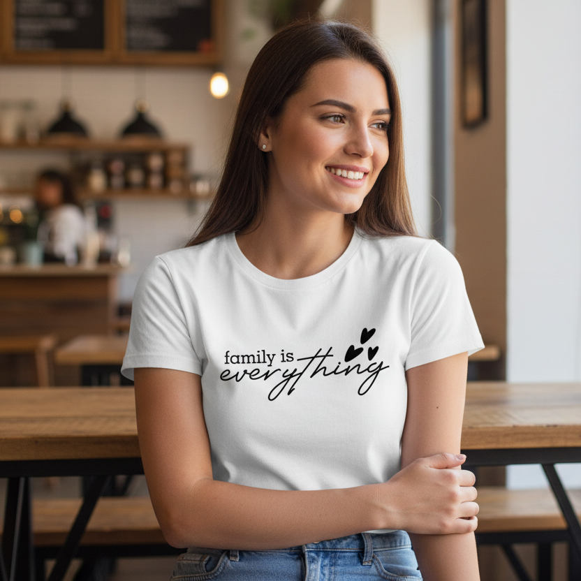 White t-shirt with 'family is everything' text on a wooden surface