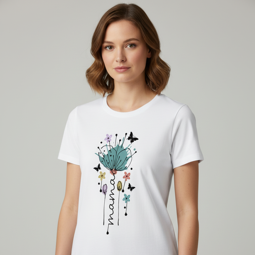 White t-shirt with floral design and 'mama' text on a wooden surface