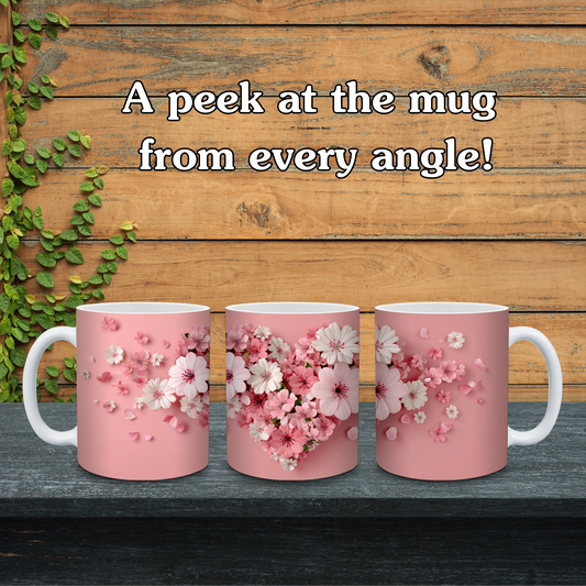Three pink mugs with floral designs on a wooden surface with text 'A peek at the mug from every angle!'.