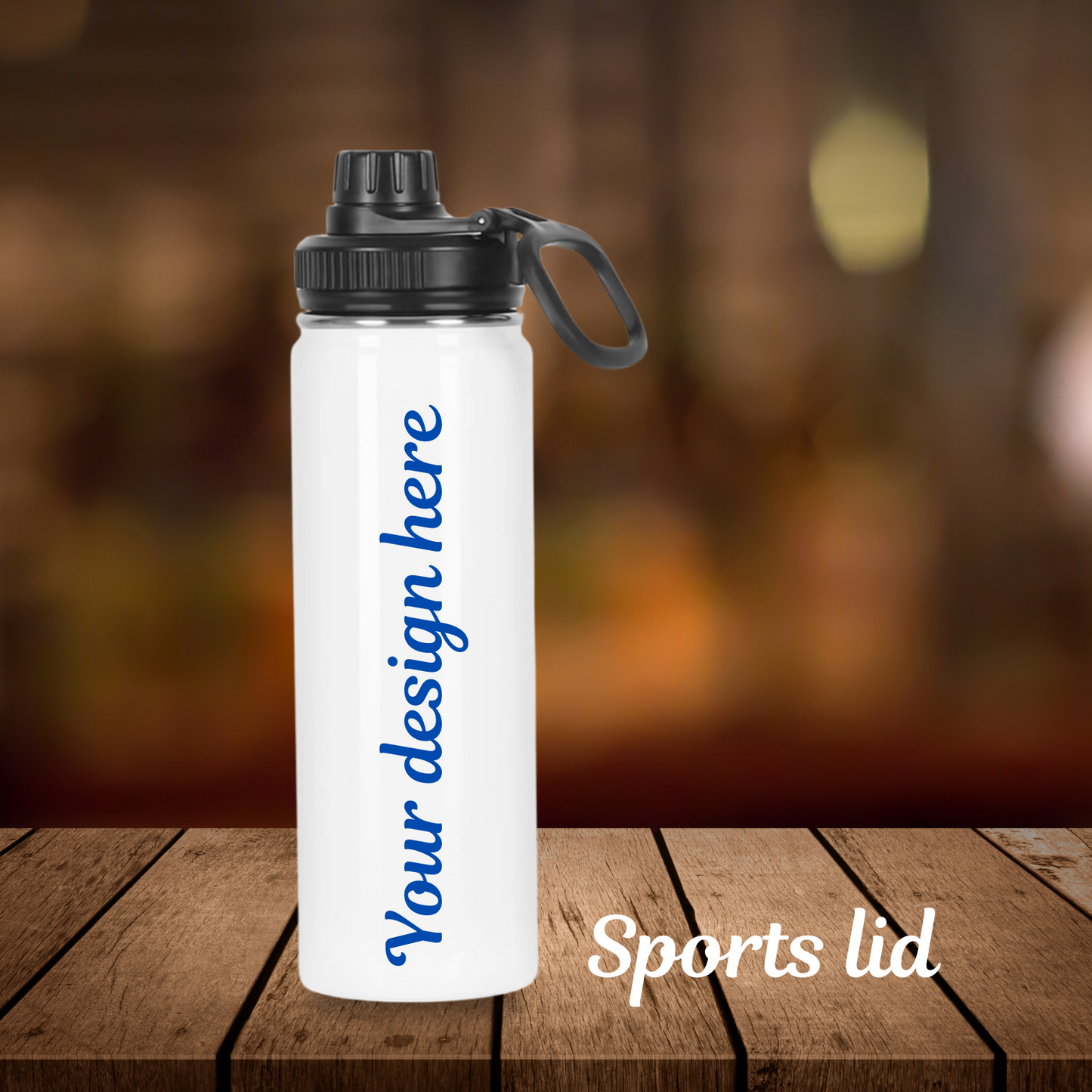 White water bottle with black lid on a wooden surface, blurred background
