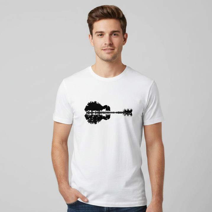 White t-shirt with black graphic on a wooden surface