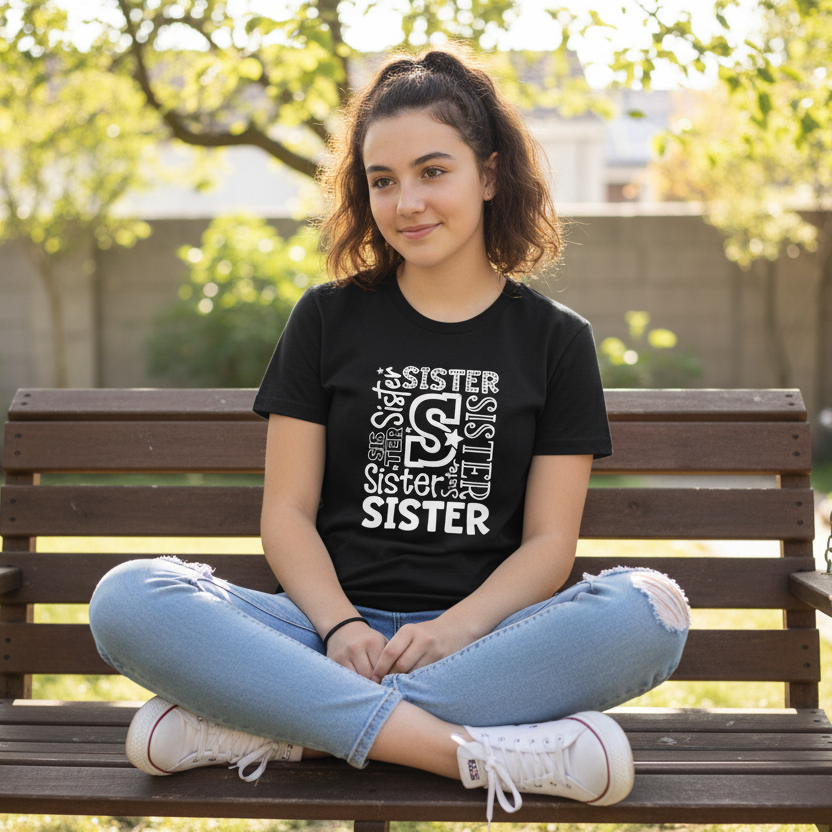 Black t-shirt with 'SISTER' text design on a wooden surface
