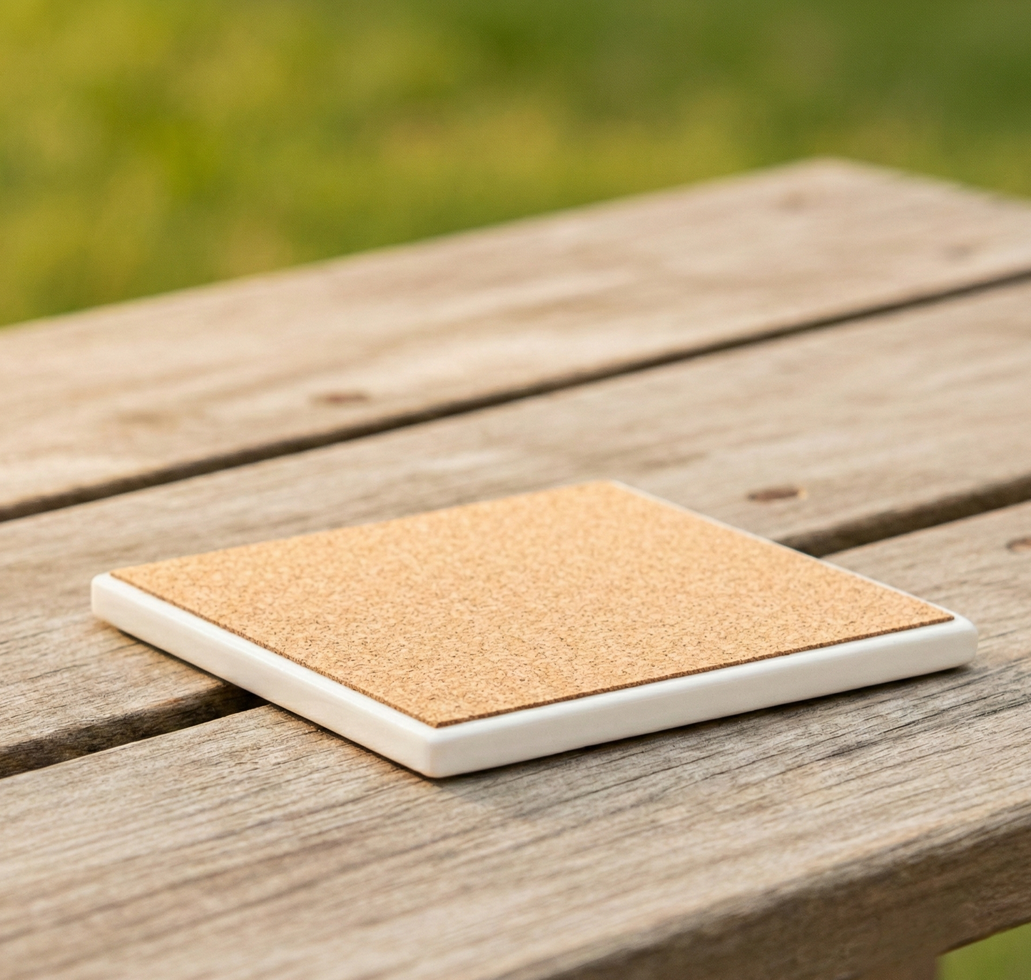 Cork coaster on a wooden surface with a blurred green background
