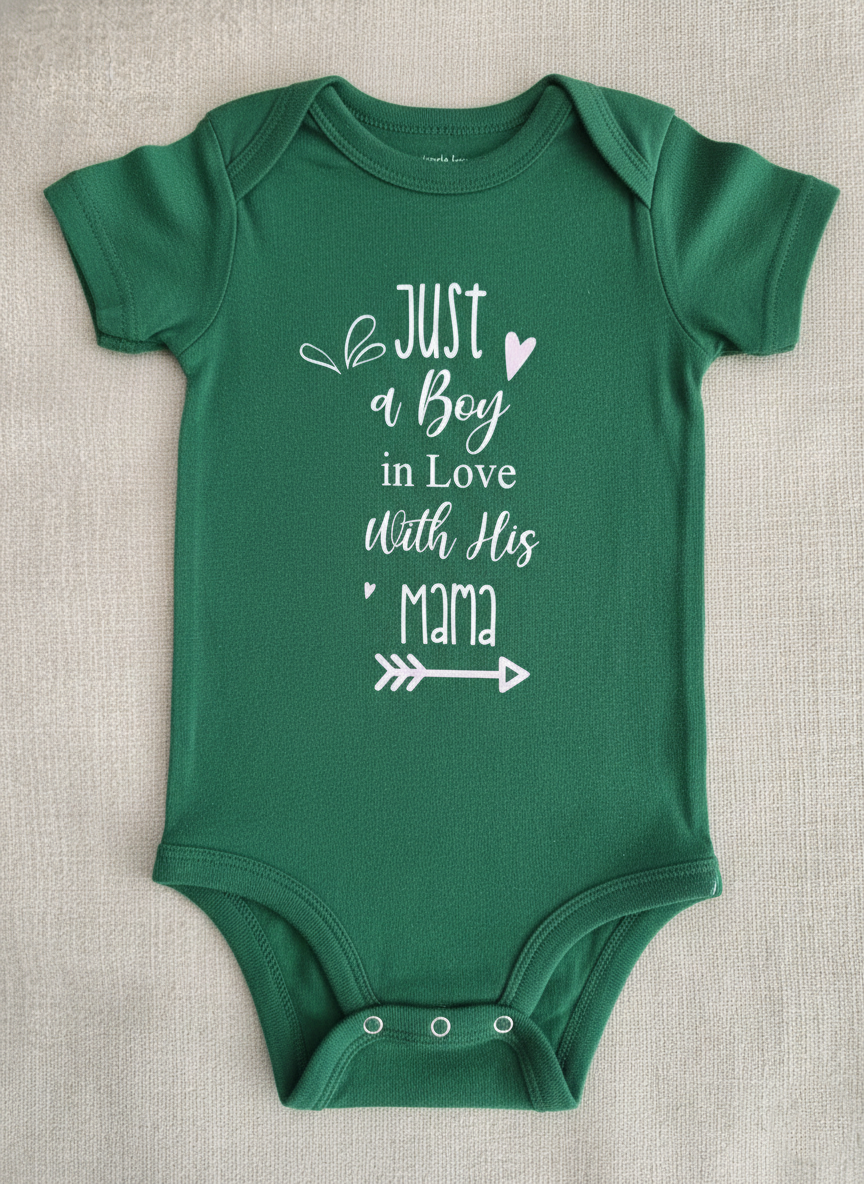 Green baby onesie with white text on a beige background