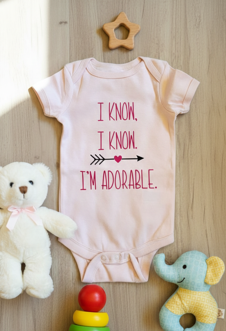 Baby onesie with text 'I know, I know, I'm adorable' on a wooden surface with toys around.