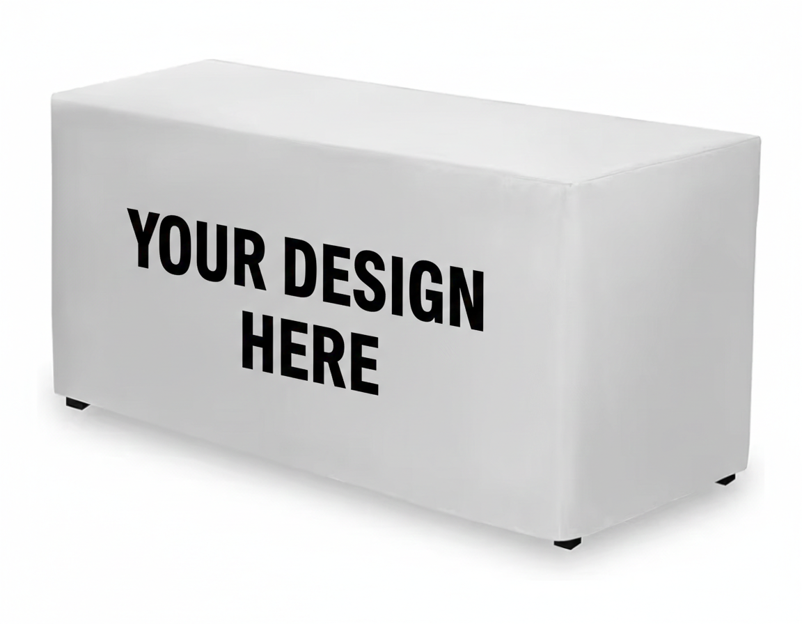 White table cover with 'Your Design Here' text on a white background