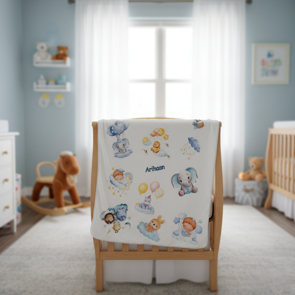 Baby crib with a colorful blanket featuring cartoon characters in a nursery setting.