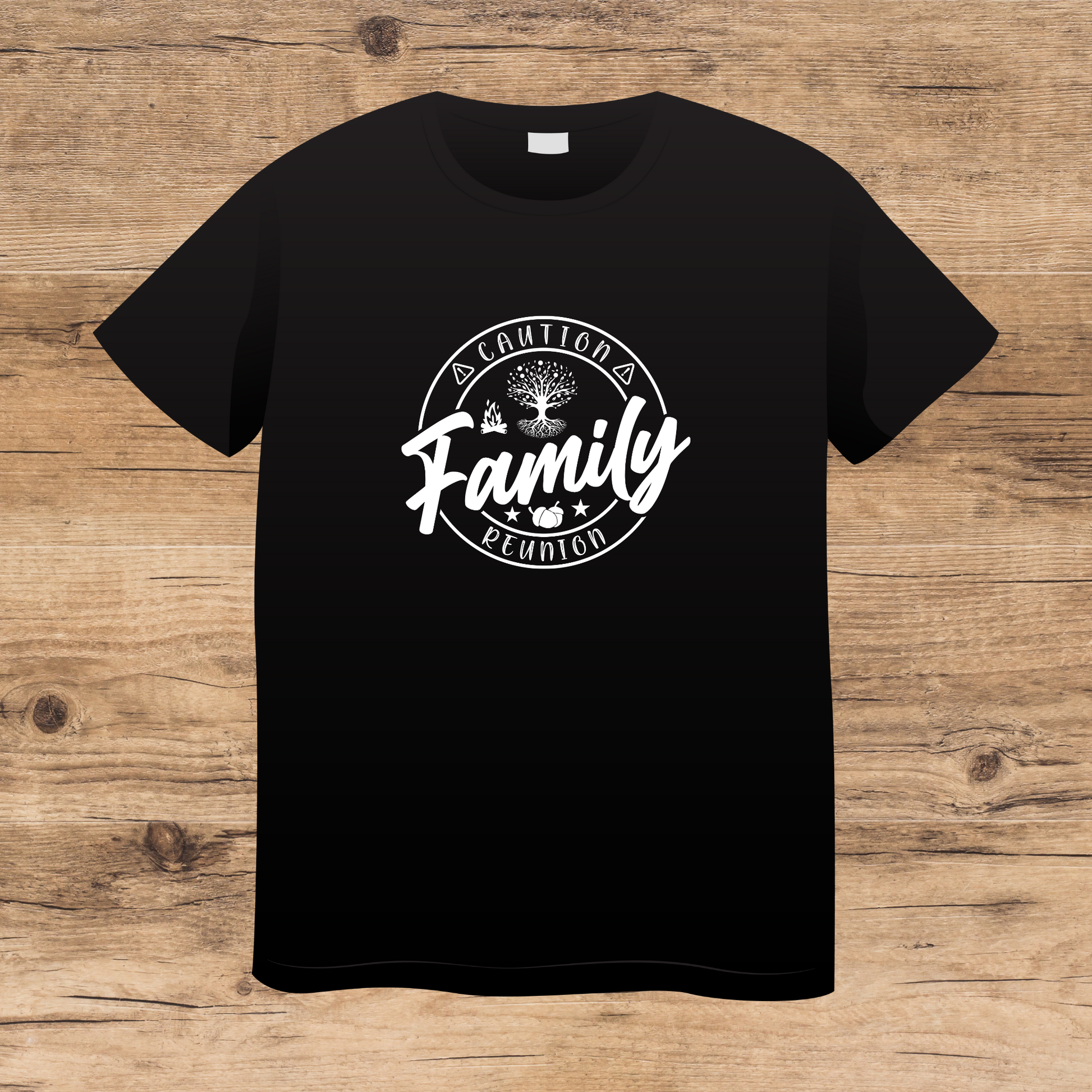 Black t-shirt with white graphic design on a wooden surface