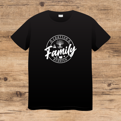 Black t-shirt with white graphic design on a wooden surface