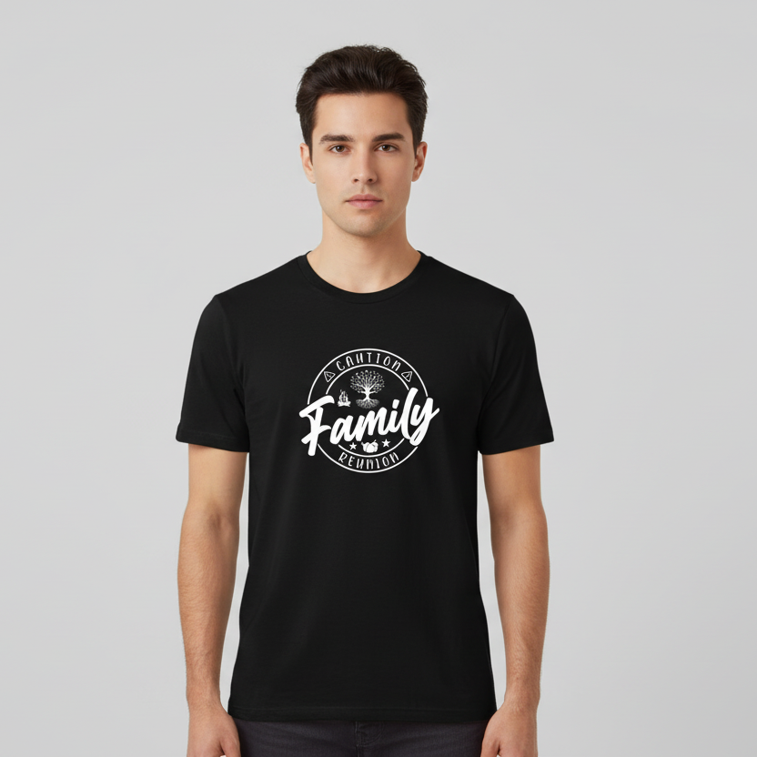 Black t-shirt with white graphic design on a wooden surface