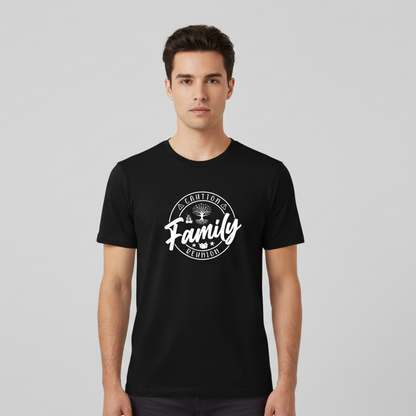 Black t-shirt with white graphic design on a wooden surface