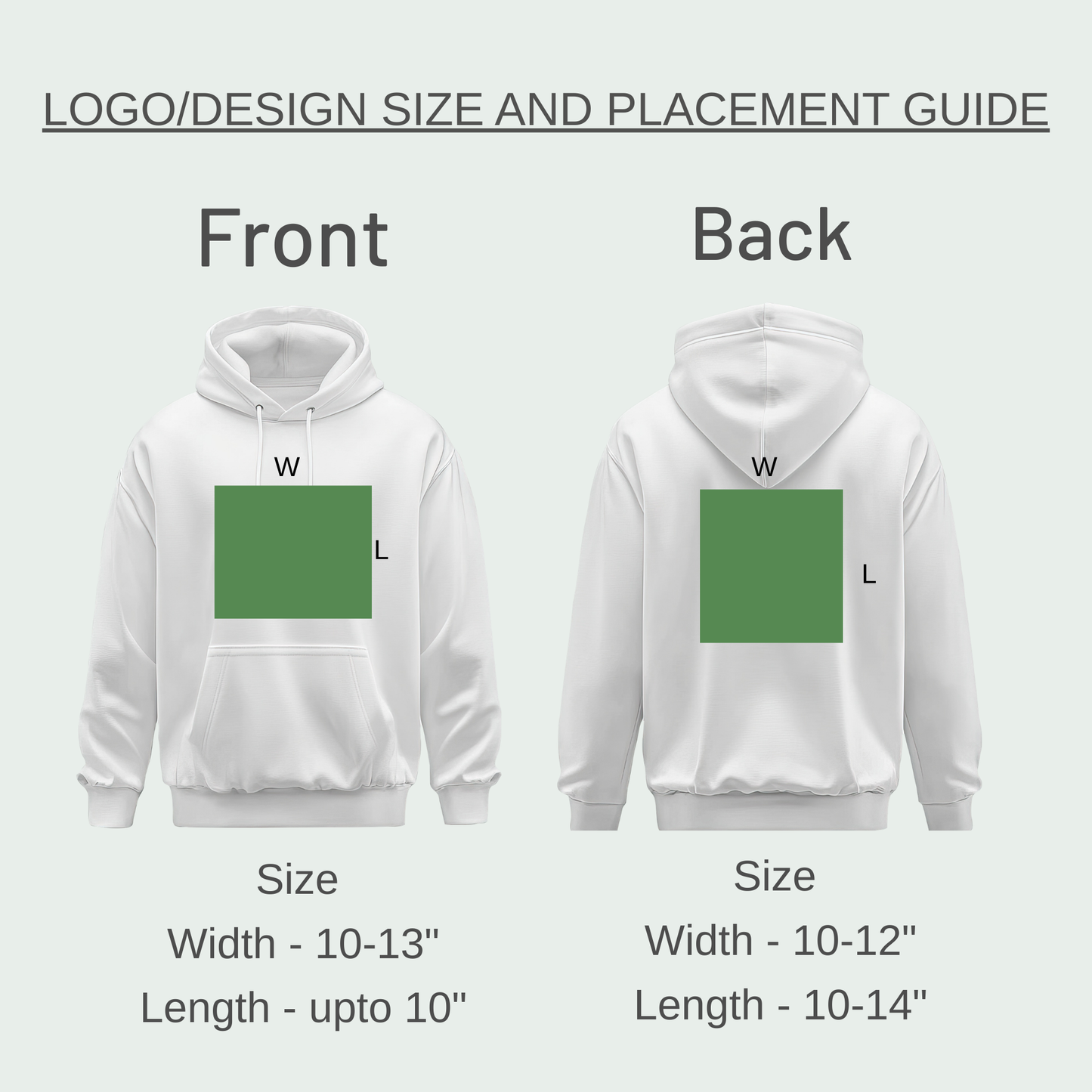 White hoodie with green square placeholders for logo/design on front and back, size and placement guide.