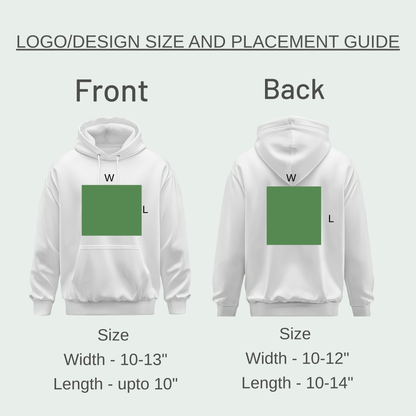 White hoodie with green square placeholders for logo/design on front and back, size and placement guide.