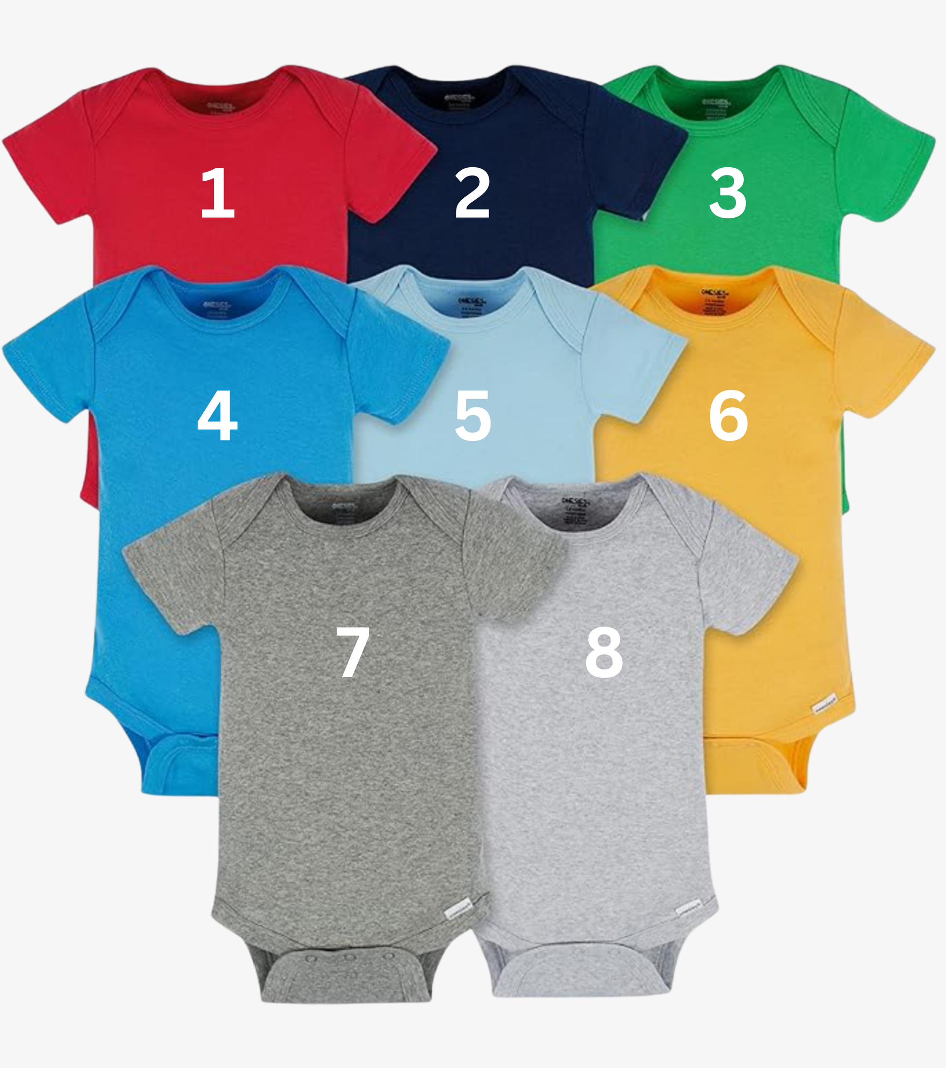 Eight baby bodysuits in various colors with numbers on a white background