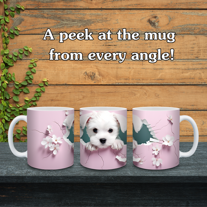 Three pink mugs with a puppy design on a wooden surface.