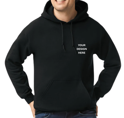 Black hoodie with 'Your Design Here' text on a white background