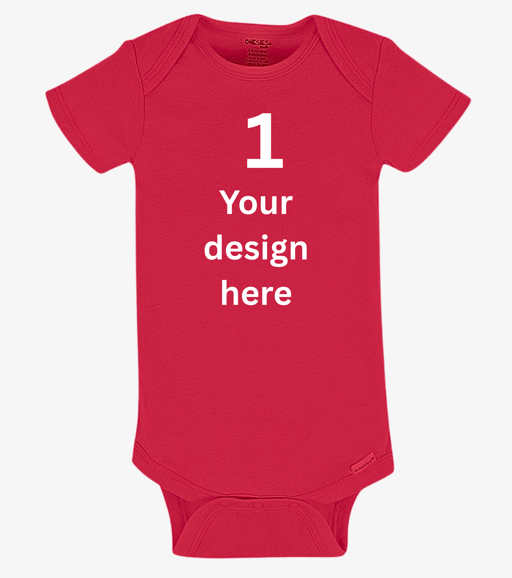 Red baby onesie with placeholder text '1 Your design here' on a white background