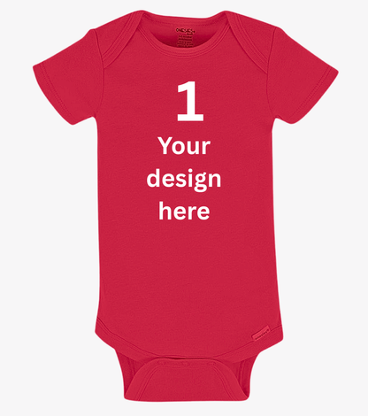 Red baby onesie with placeholder text '1 Your design here' on a white background