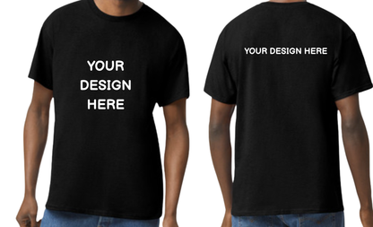Black t-shirt with 'Your Design Here' text on front and back worn by a person.