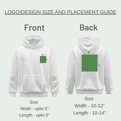 White hoodie with green square on front and back, size and placement guide.