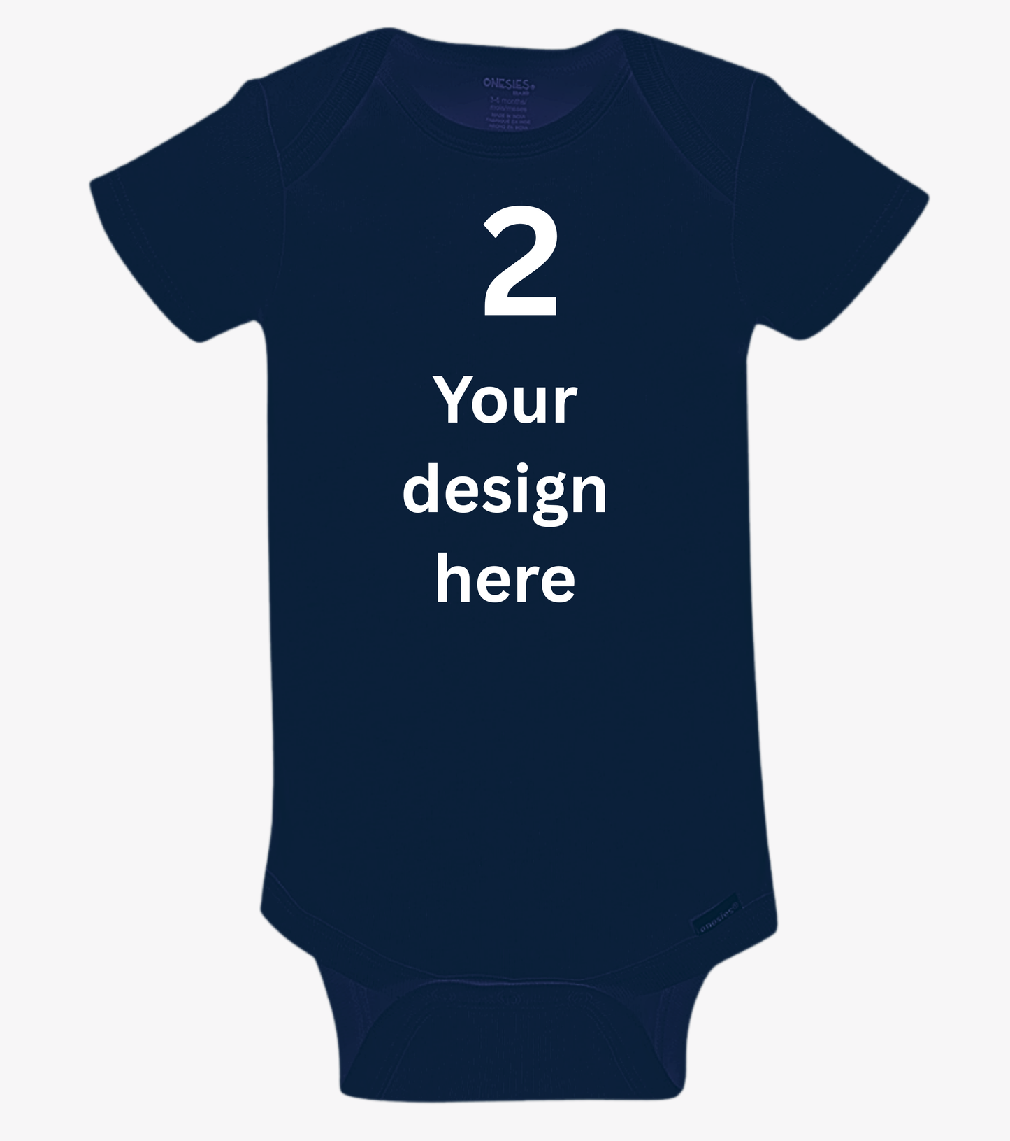 Navy blue baby onesie with white text space on a white background