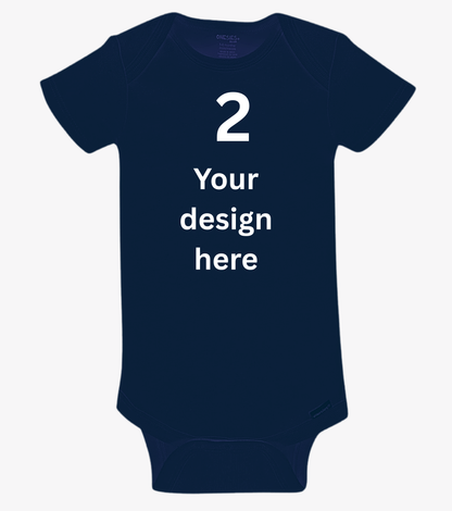 Navy blue baby onesie with white text space on a white background