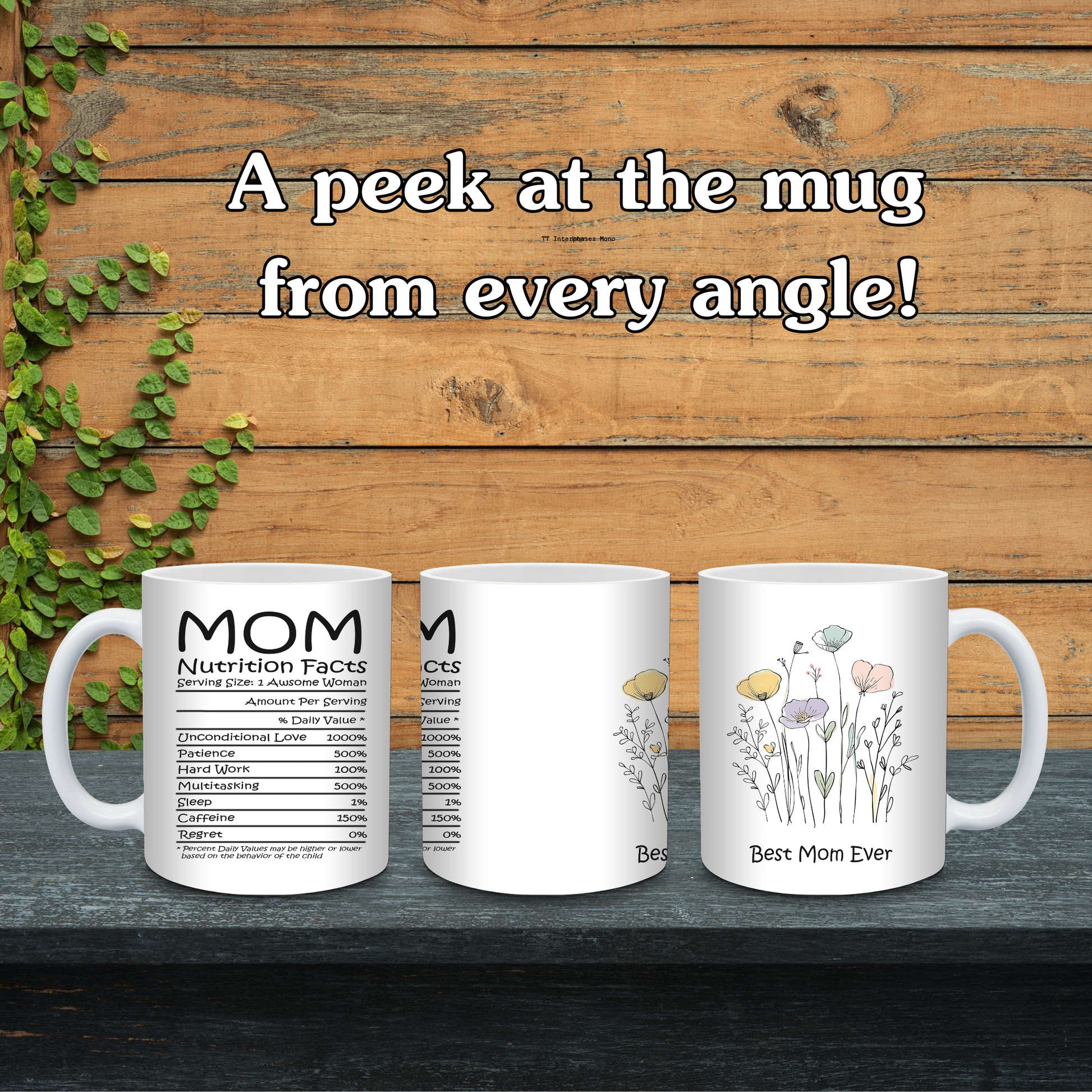 Three mugs with different designs on a wooden background