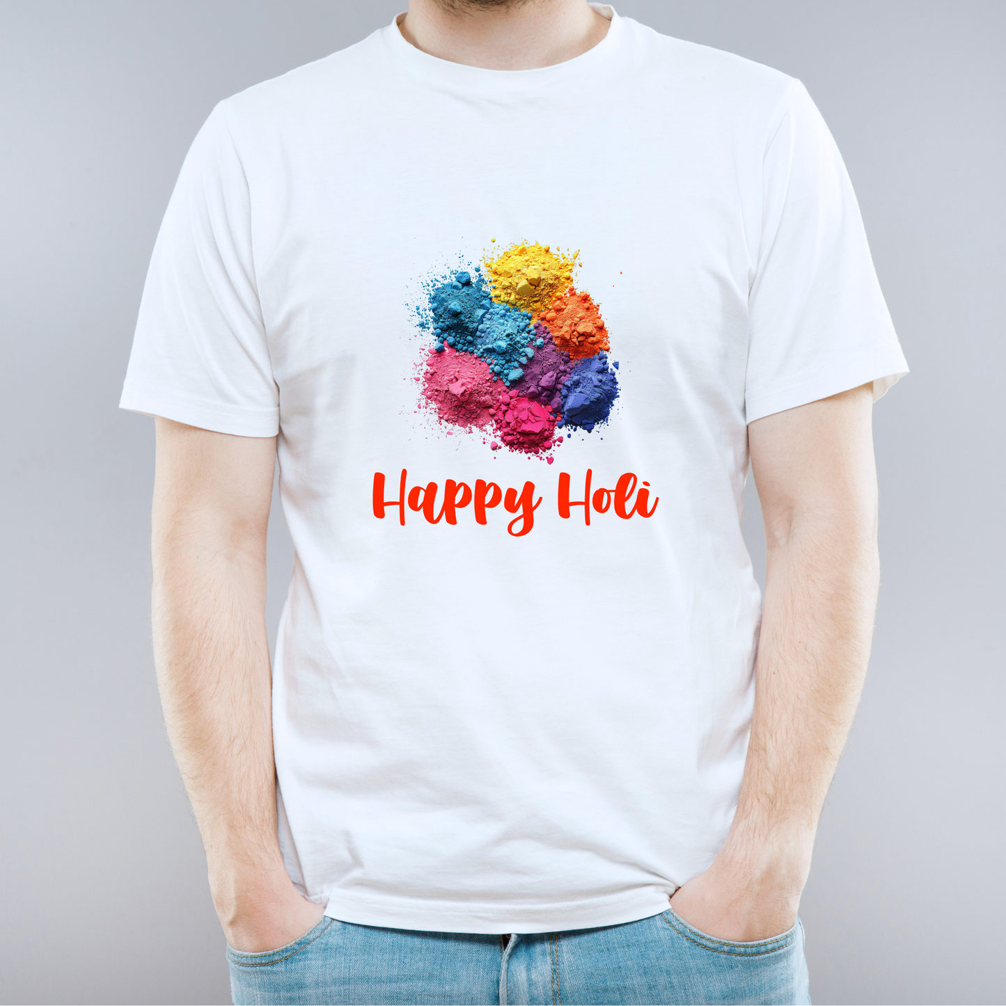 White t-shirt with colorful powder design and 'Happy Holi' text on a gray background