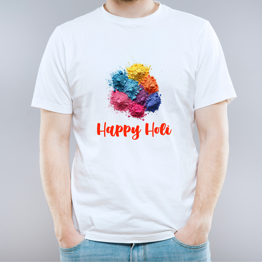 White t-shirt with colorful powder design and 'Happy Holi' text on a gray background