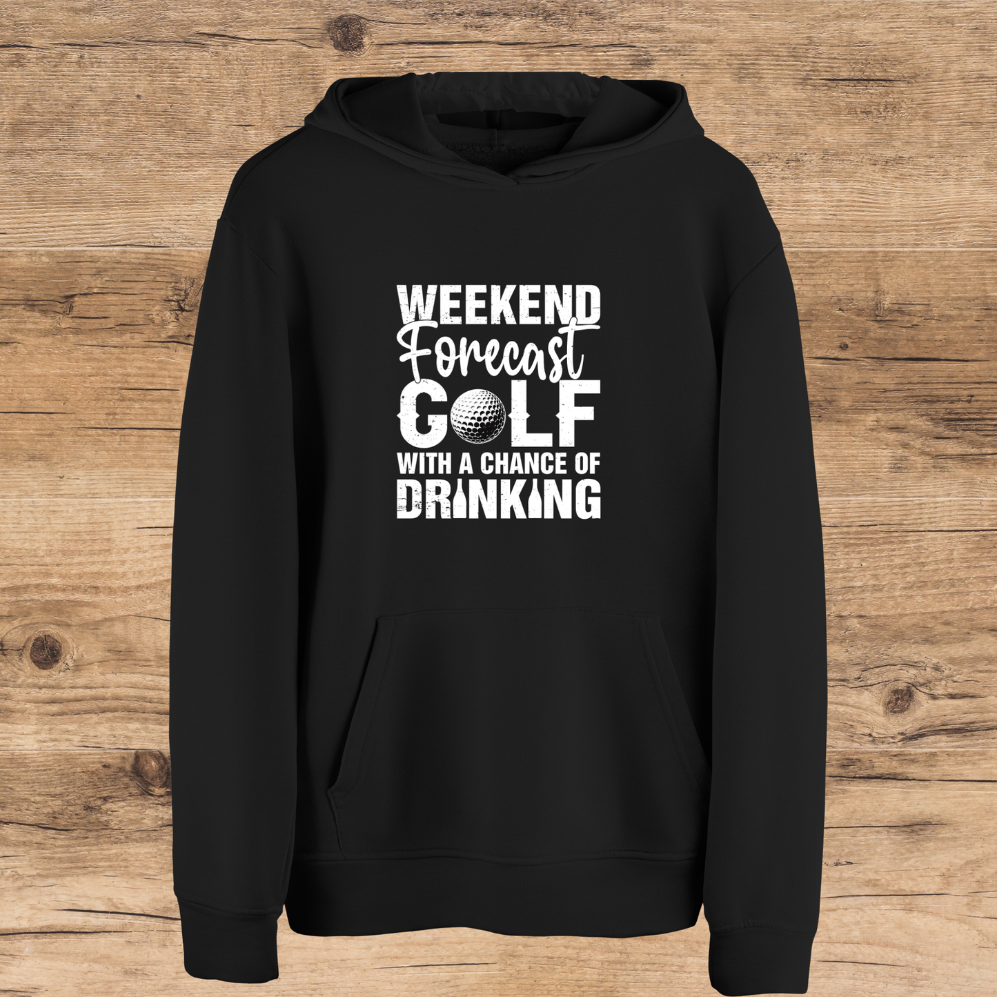 Black hoodie with white text on a wooden background