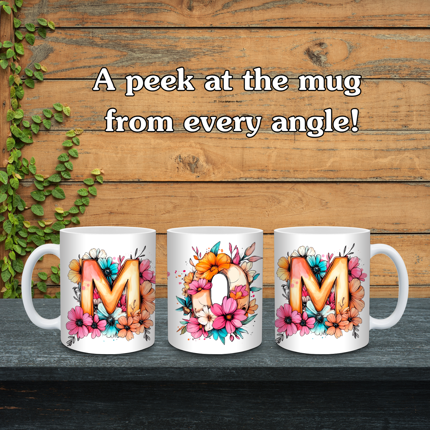 Three mugs with floral designs and letters 'M' and 'O' on a wooden background.