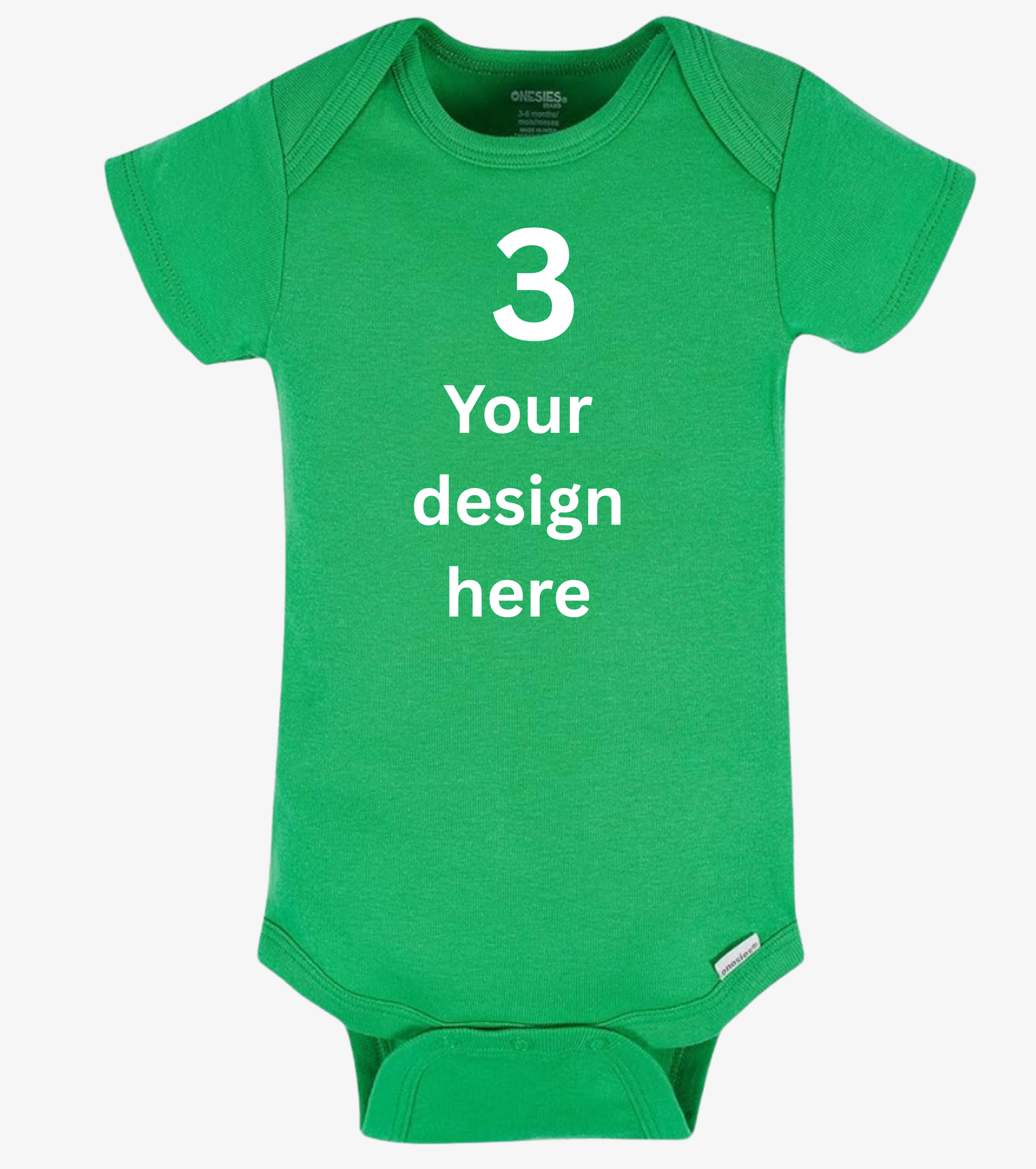 Green baby onesie with customizable text on a white background