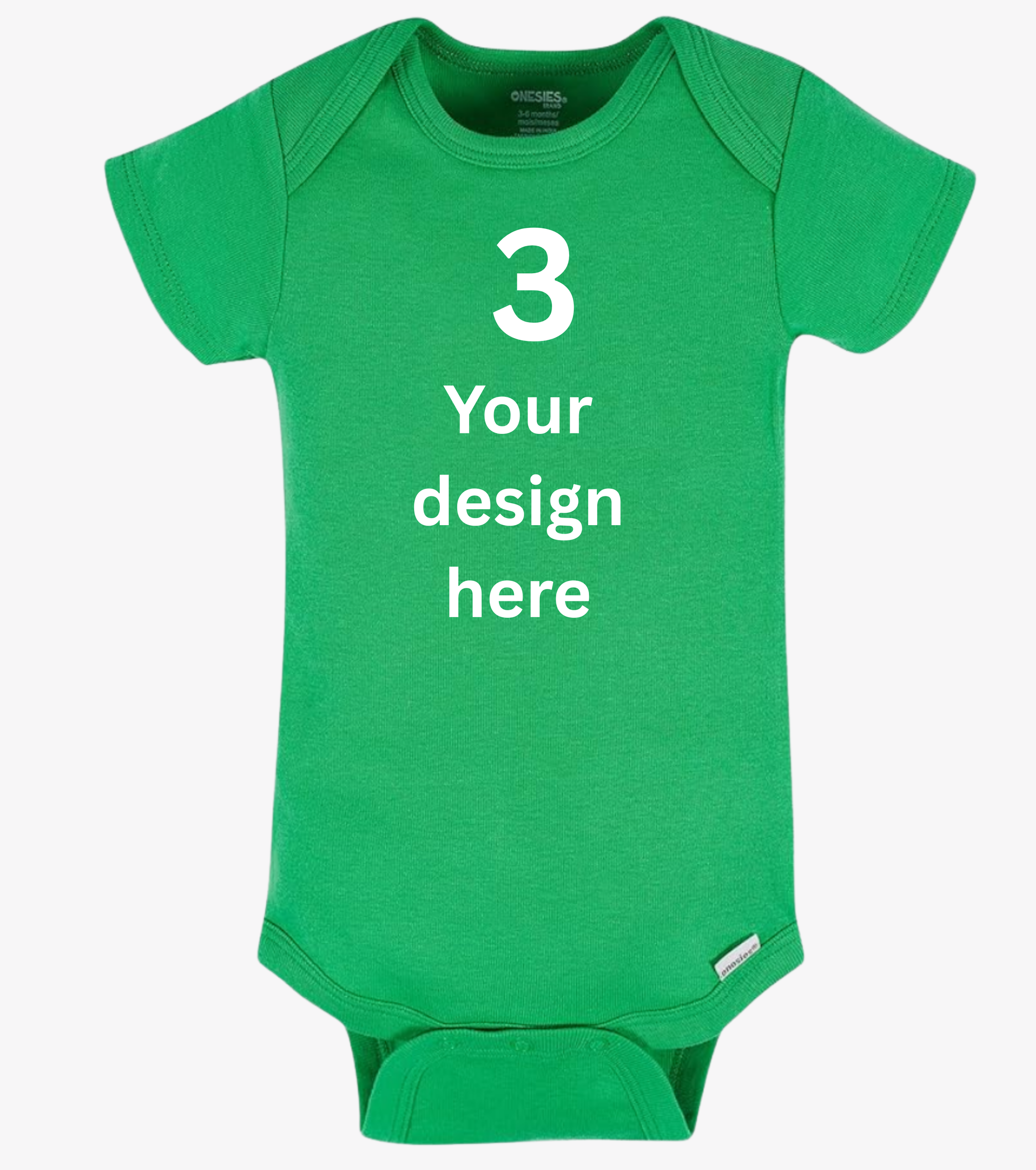 Green baby onesie with customizable text on a white background