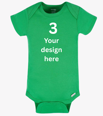 Green baby onesie with customizable text on a white background