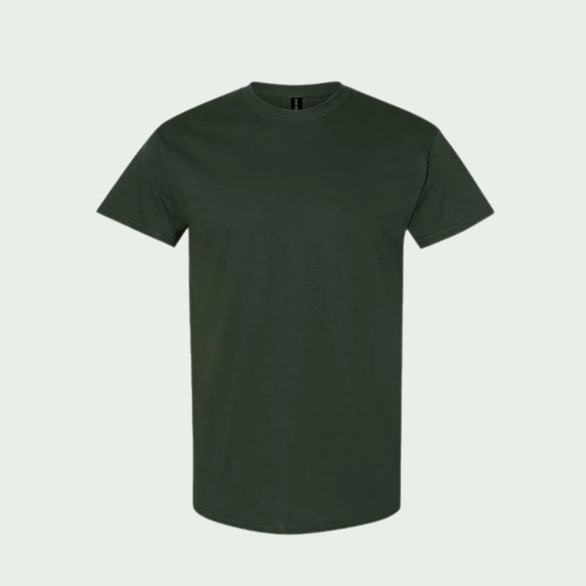 Plain dark green t-shirt on a light gray background