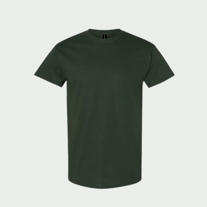 Plain dark green t-shirt on a light gray background