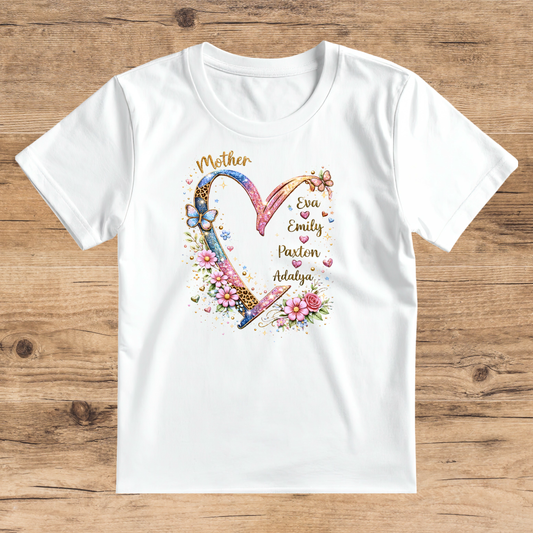 Custom-made Floral Heart Print T-shirt with Mother and kids' names