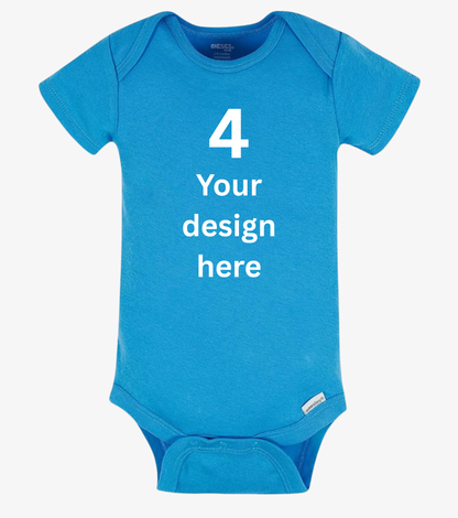 Blue baby onesie with '4 Your design here' text on a white background
