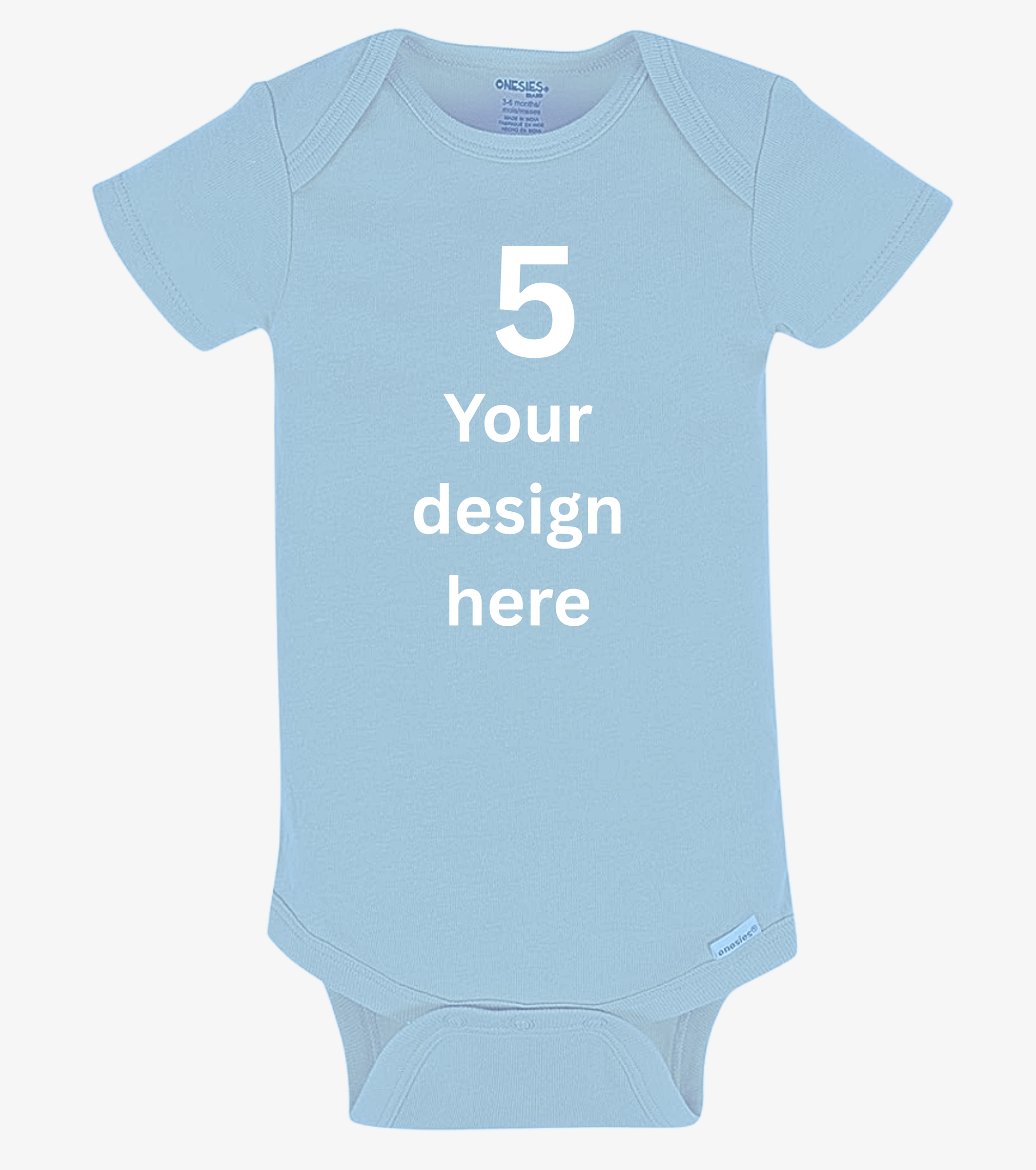 Light blue baby onesie with '5 Your design here' text on a white background