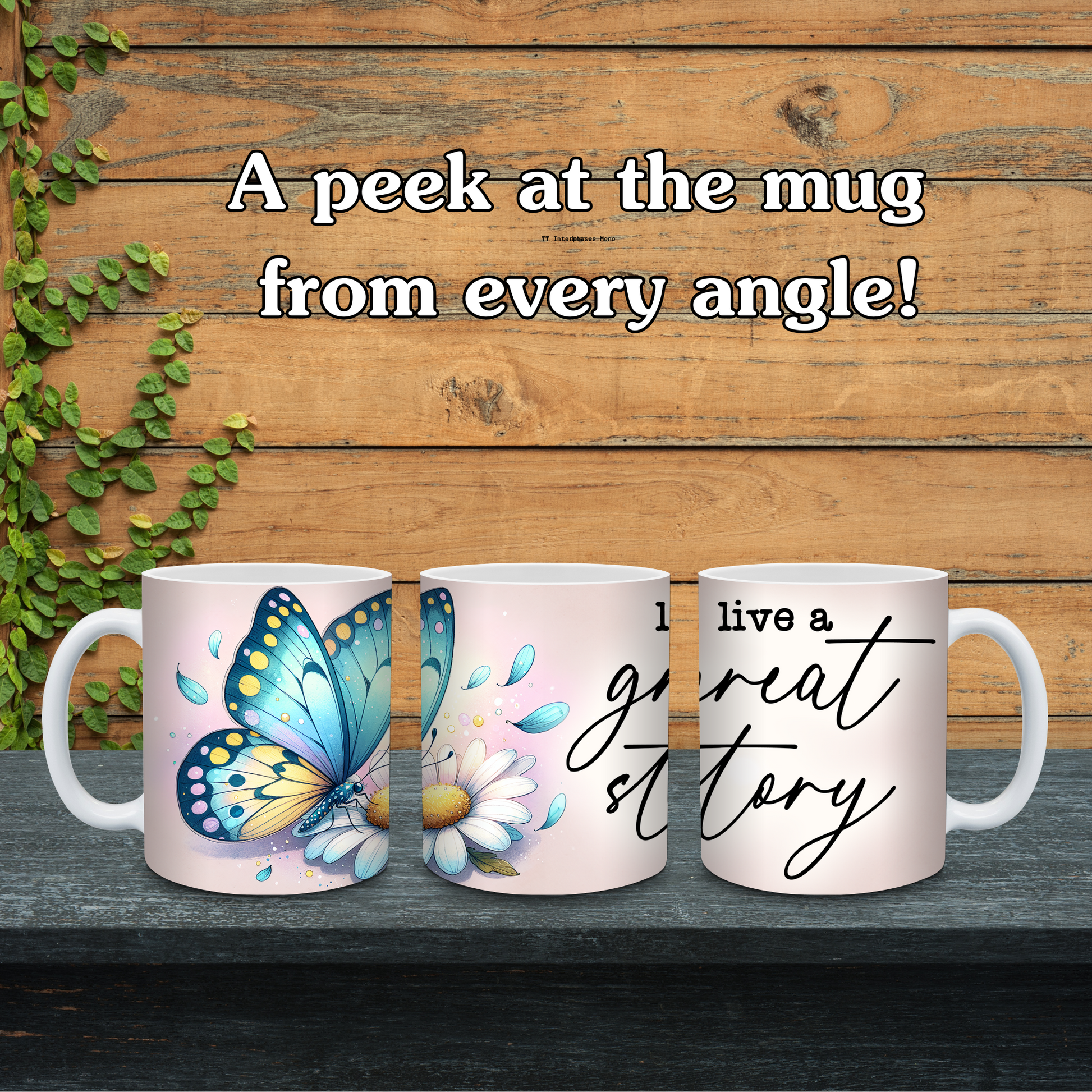 Three mugs with butterfly and motivational designs on a wooden background