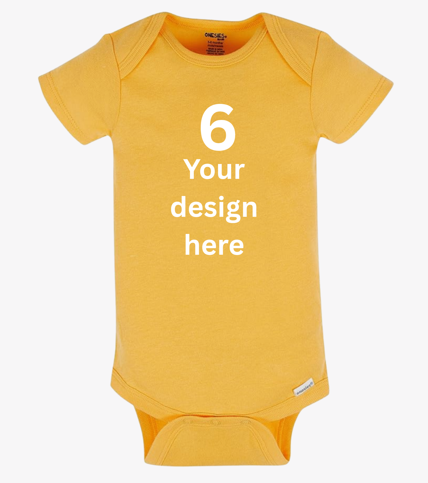 Yellow baby onesie with text '6 Your design here' on a white background