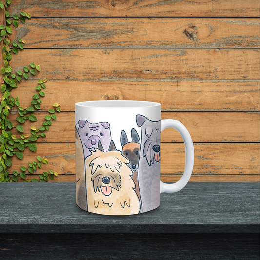 Mug with dog illustrations on a wooden surface