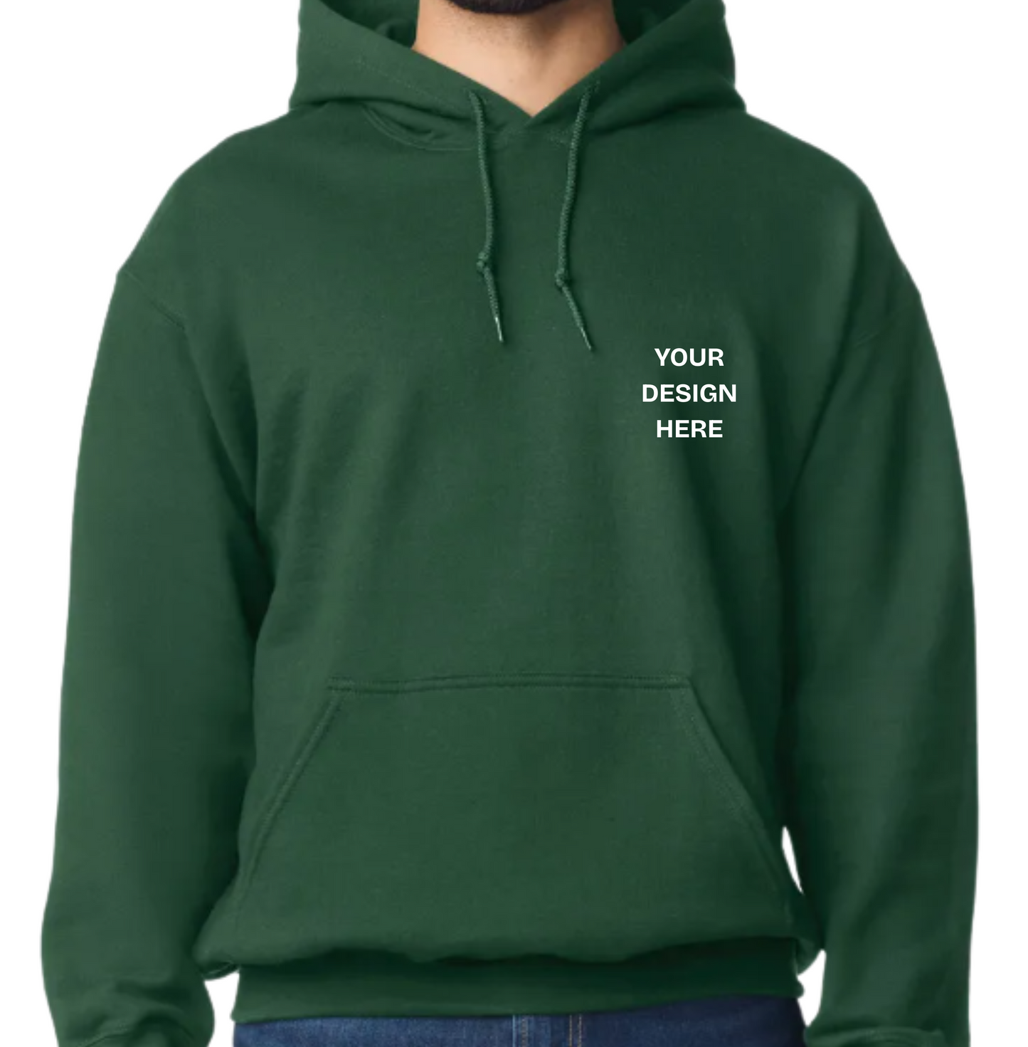 Green hoodie with customizable text on a white background