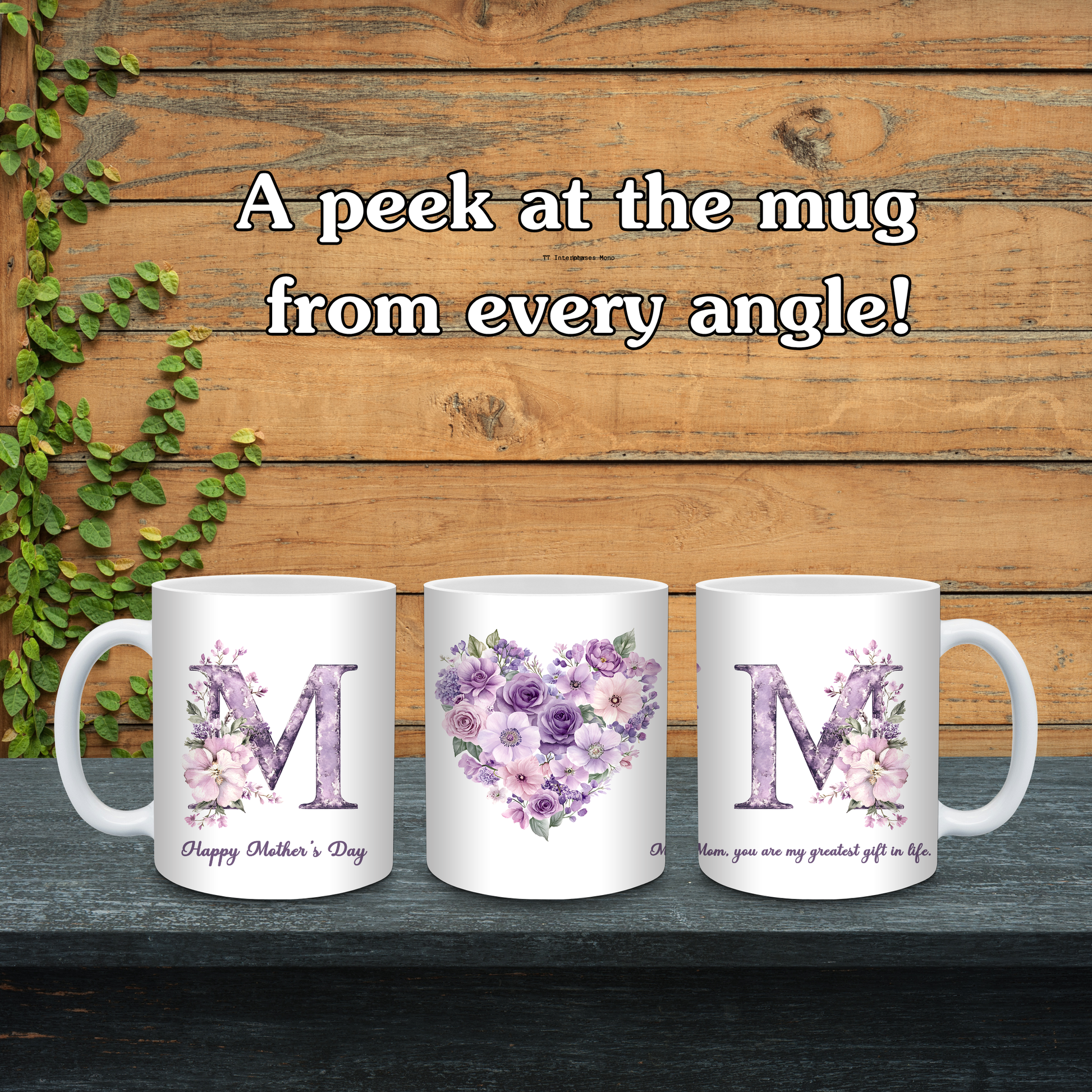 Three white mugs with floral designs and text on a wooden background