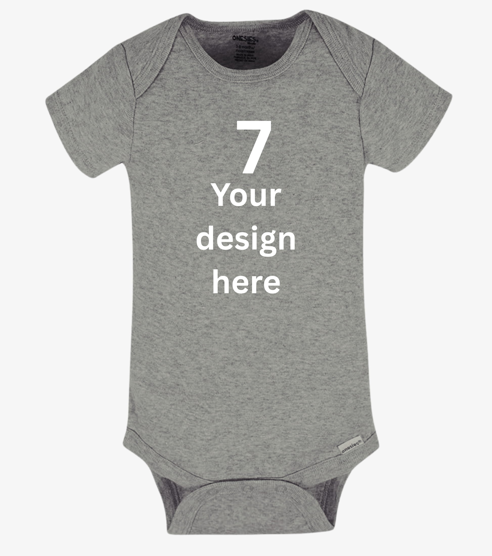 Gray baby onesie with text '7 Your design here' on a white background