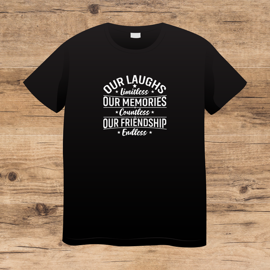 Black t-shirt with white  friendship text on a wooden surface