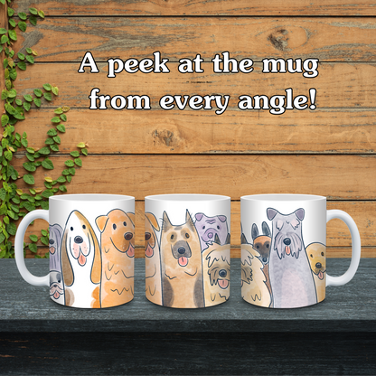 Three mugs with dog illustrations on a wooden surface with text 'A peek at the mug from every angle!'.