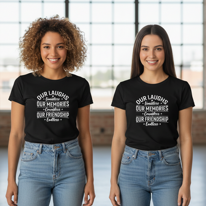 Black t-shirt with white text on a wooden surface